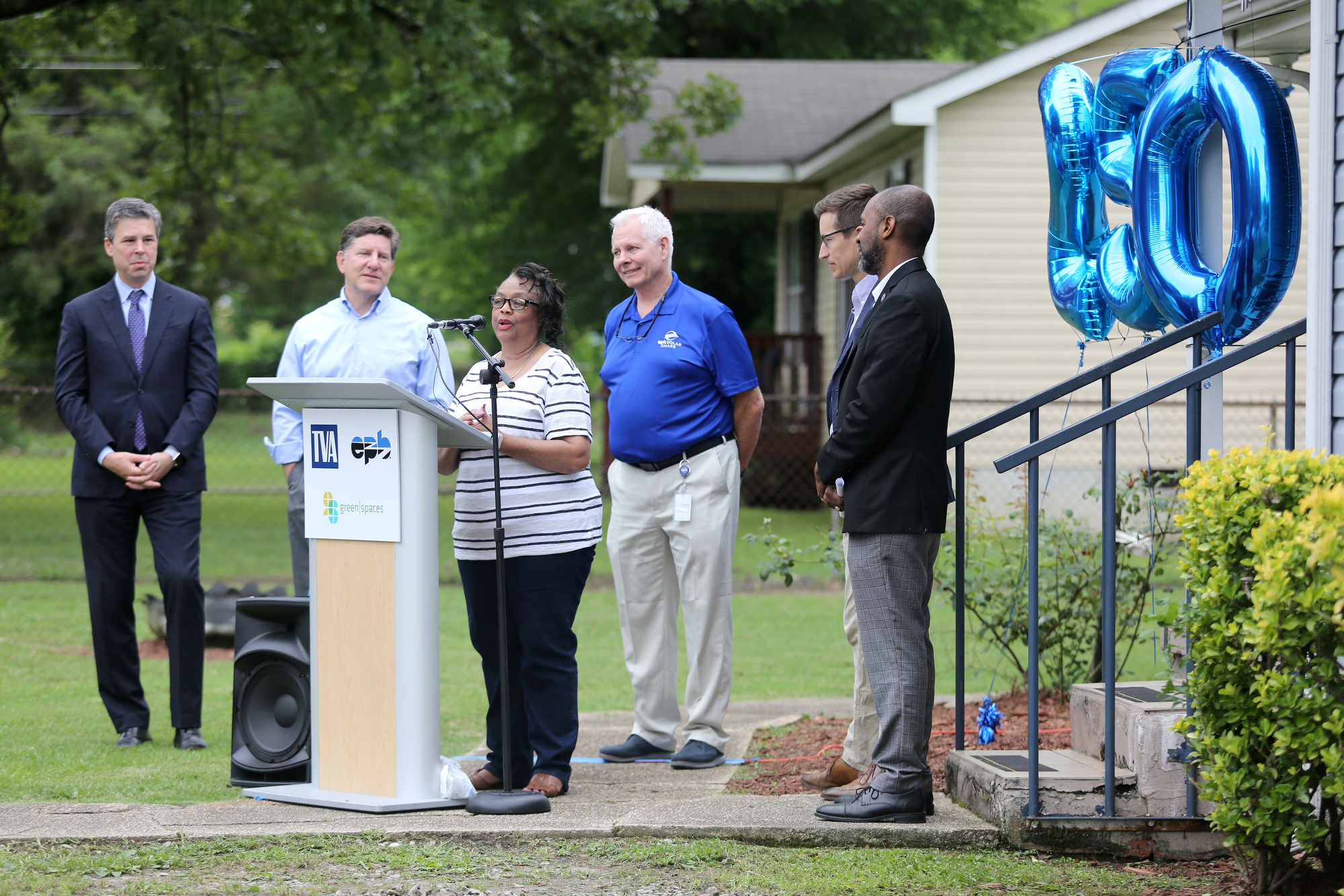 Hazel Benford, a homeowner on Fairleigh Street, speaks about the benefits the Home Energy Upgrade program has provided her during a press conference Wednesday, June 12, 2019 in Chattanooga, Tennessee. Benford's home is one of 250 homes that have undergone energy efficiency renovations through the Home Energy Upgrade program.