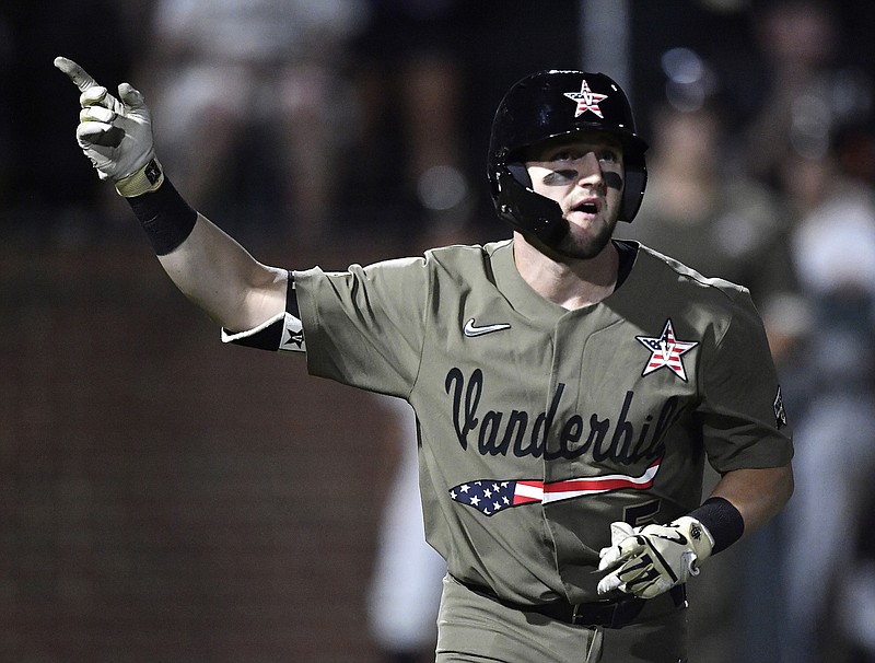 Vanderbilt's Philip Clarke gestures after hitting a home run against Indiana State during an NCAA baseball tournament regional game June 2 in Nashville. The Commodores advanced through their double-elimination regional and best-of-three super regional to make the field for this year's College World Series, which starts Saturday in Omaha, Neb.