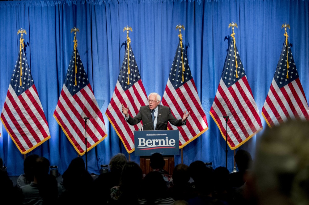 Democratic presidential candidate Sen. Bernie Sanders, I-Vt., speaks at George Washington University in Washington, Wednesday, June 12, 2019, on his policy of democratic socialism, the economic philosophy that has guided his political career. (AP Photo/Andrew Harnik)
