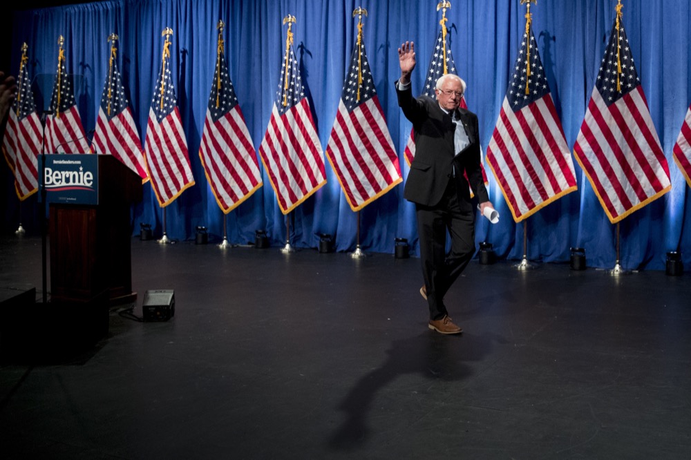 Democratic presidential candidate Sen. Bernie Sanders, I-Vt., departs after speaking at George Washington University in Washington, Wednesday, June 12, 2019, on his policy of democratic socialism, the economic philosophy that has guided his political career. (AP Photo/Andrew Harnik)