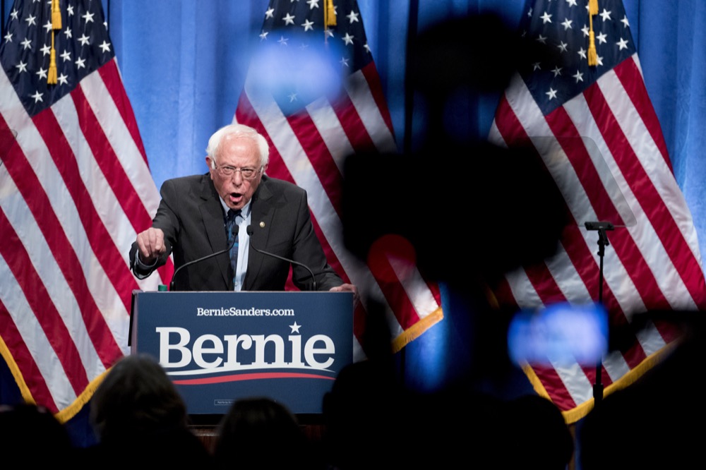 Democratic presidential candidate Sen. Bernie Sanders, I-Vt., speaks at George Washington University in Washington, Wednesday, June 12, 2019, on his policy of democratic socialism, the economic philosophy that has guided his political career. (AP Photo/Andrew Harnik)