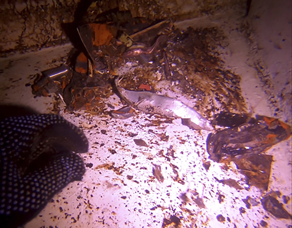 This undated handout photograph from the United Arab Emirates' Mission to the United Nations released Thursday, June 6, 2019 shows debris from the Saudi-owned oil tanker Amjad off the coast of Fujairah, United Arab Emirates. A joint statement released Thursday by Saudi Arabia, the UAE and Norway said damage done to the four oil tankers off the UAE likely came from limpet mines placed by a
