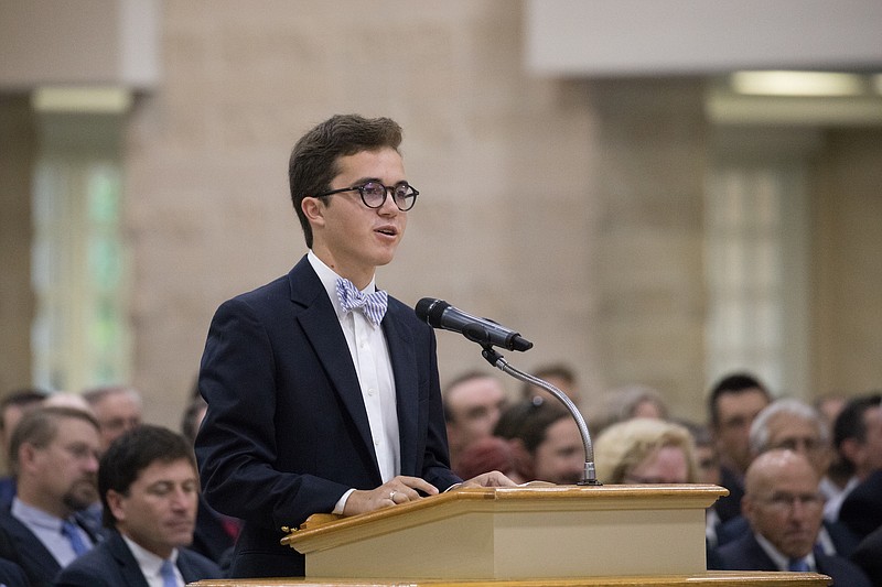 Harrison Stuart, president of McCallie School's senior leadership organization Keo Kio, speaks at the baccalaureate ceremony that opened the school year on Aug. 21, 2018.