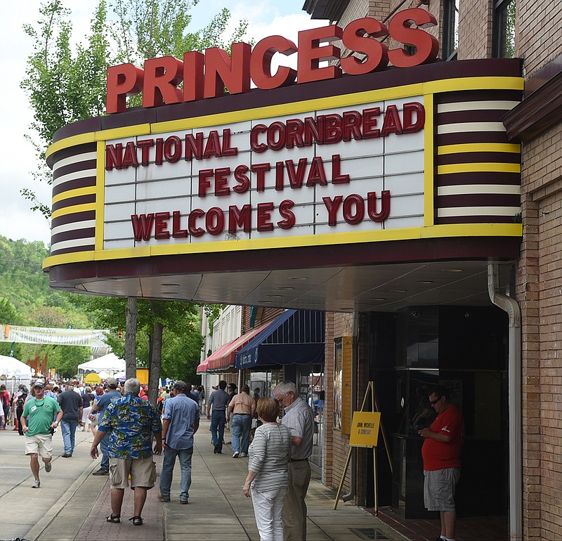 The marquee at the restored Princess Theater welcomes visitors at the National Cornbread Festival on Aug. 26, 2015, in South Pittsburg, Tenn.