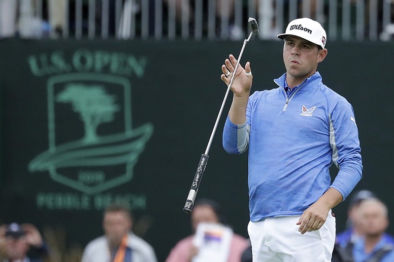 Gary Woodland reacts after missing a putt on the 18th hole during the third round of the U.S. Open on Saturday in Pebble Beach, Calif.