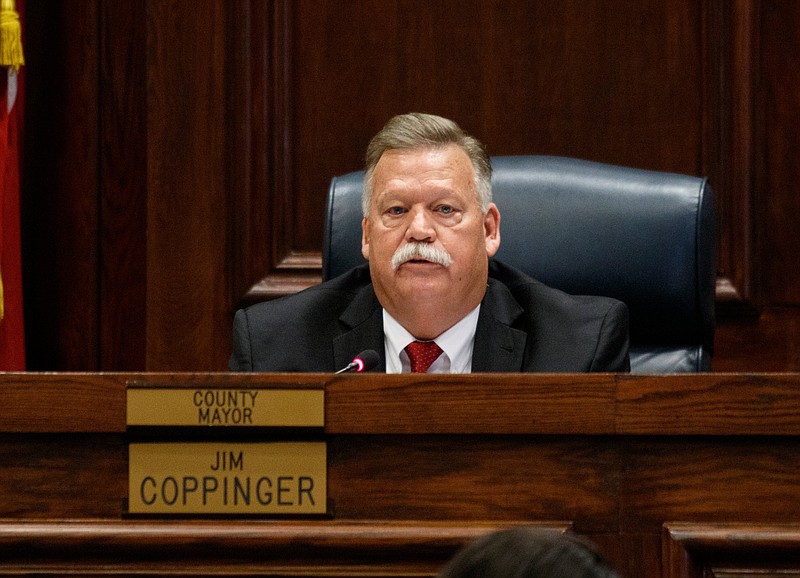 Hamilton County Mayor Jim Coppinger presents his fiscal year 2020 budget to the county commission at the Hamilton County Courthouse on Wednesday, June 5, 2019, in Chattanooga, Tenn. Mayor Coppinger's budget calls for a tax increase for additional funding for schools.