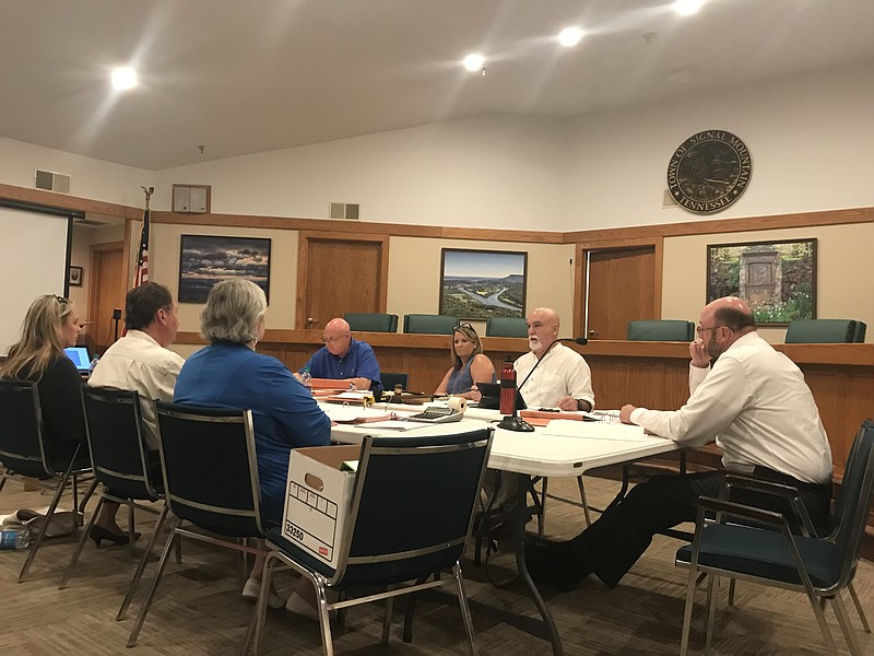 Members of the Signal Mountain Town Council and town staff meet at Town Hall to discuss the proposed 2019-2020 budget. From left are Vice Mayor Amy Speek, Councilman Bill Lusk, Finance Director and Recorder Carol Thompson-White, Councilman Bob Spalding, Councilwoman Susannah Murdock, Mayor Dan Landrum and Town Manager Boyd Veal.