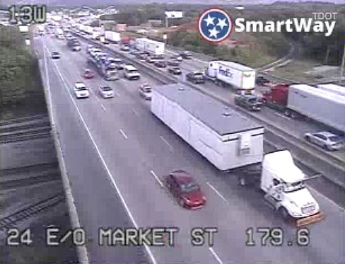 An increased amount of traffic on Interstate 24 eastbound is causing delays Monday evening from downtown Chattanooga to the I-24/I-75 split, according to information from the Tennessee Department of Transportation's SmartWay traffic website. (Screenshot from smartway.tn.gov/traffic)
