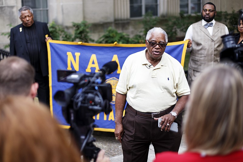 Chattanooga NAACP First Vice President George Calhoun speaks to the media outside of the City Council Building on Tuesday, June 18, 2019 in Chattanooga, Tenn. The NAACP held a press conference in protest of the Business Improvement District.