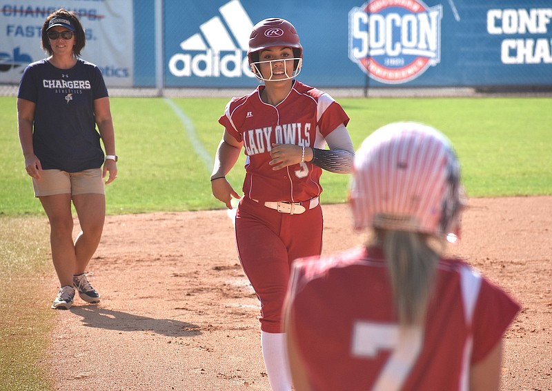 Ooltewah slugger and Chattanooga State signee Sydney White rounds third as teammate Addy Keylon and Chattanooga Christian coach Lisa Gray watch after White's home run for the Tennessee All-Stars. Tennessee won both games over Georgia in the 22nd annual softball event Wednesday at Jim Frost Stadium.
