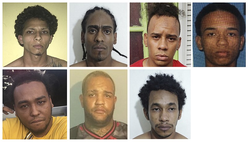 This combination of photos provided by the Dominican Republic National Police on Wednesday, June 12, 2019 show suspects in connection with the shooting of former Red Sox star David Ortiz in Santo Domingo, Dominican Republic. Police identify the men as, top row from left, Rolfy Ferreyra, who has been identified as the shooter, Joel Rodriguez Cruz, Oliver Moises Mirabal Acosta, and Eddy Vladimir Feliz Garcia. Bottom row from left, Polfirio Allende Dechamps Vazquez, Luis Alfredo Rivas Clase and Reynaldo Rodriguez Valenzuela. All the men with the exception of Rivas Clase have been detained. (Dominican Republic National Police via AP)