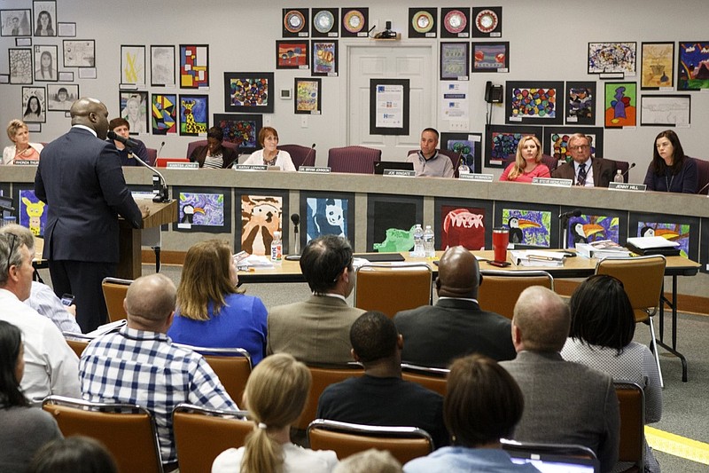 Superintendent Bryan Johnson presents his 2019-20 budget to the school board at the Hamilton County Schools board room on Thursday, April 25, 2019 in Chattanooga, Tenn.