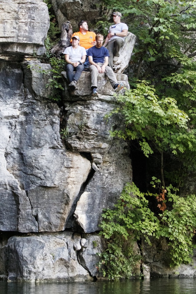 TVA's Fallon Parker Hutcheon, Logan Barber, Brandon Whitley and Aaron Bradner gather on a cliff ledge to count bats as they exit Nickajack Cave on Wednesday, June 19, 2019 in Marion County, Tenn. Gray bats are federally endangered and afforded protection under the Endangered Species Act.