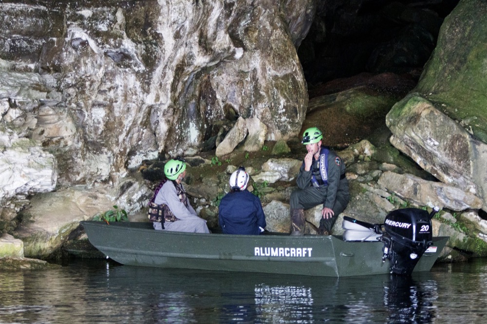 TWRA intern Janzen Velba, left, TVA Terrestrial Zoologist Liz Hamrick, center, and TWRA Wildlife Manager Daniel Istvanko prepare for the bat count inside of Nickajack Cave on Wednesday, June 19, 2019 in Marion County, Tenn. The crew set up an infrared camera inside the cave to help with the count. Gray bats are federally endangered and afforded protection under the Endangered Species Act.