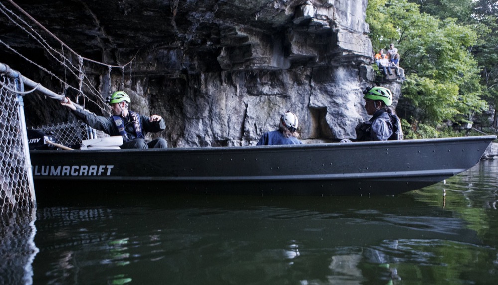 TWRA Wildlife Manager Daniel Istvanko, left, TVA Terrestrial Zoologist and TWRA intern Janzen Velba exit Nickajack Cave after setting up a infrared camera on Wednesday, June 19, 2019 in Marion County, Tenn. The crew set up an infrared camera inside the cave to help with the count. Gray bats are federally endangered and afforded protection under the Endangered Species Act.