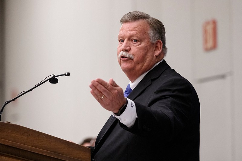 Hamilton County Mayor Jim Coppinger speaks during a meeting of the Rotary Club of Chattanooga at the Chattanooga Convention Center on Thursday, June 20, 2019, in Chattanooga, Tenn. Coppinger and Hamilton County Schools Superintendent Bryan Johnson spoke about the county's school budget at the meeting.