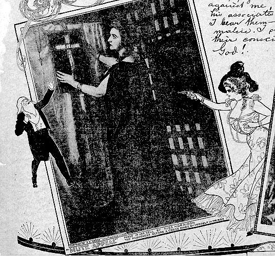 A turn-of-the-century artist's drawing in the New York Journal, December 1899, of actress Julia Morrison posing in her cell with a cross that she made.