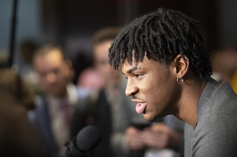 Ja Morant, a sophomore basketball player from Murray State, attends the NBA Draft media availability, Wednesday, June 19, 2019, in New York. The draft will be held Thursday, June 20. (AP Photo/Mark Lennihan)


