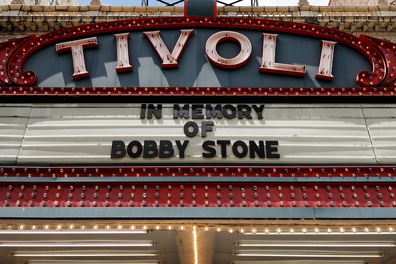 The marquee of the Tivoli Theatre reads "In Memory of Bobby Stone" on Friday, Aug. 10, 2018, in Chattanooga, Tenn.