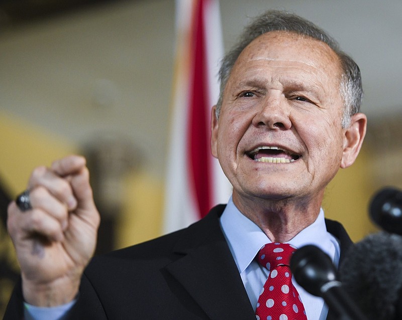 Former Alabama Chief Justice Roy Moore announces his run for the Republican nomination for U.S. Senate Thursday, June 20, 2019, in Montgomery, Ala. (AP Photo/Julie Bennett)