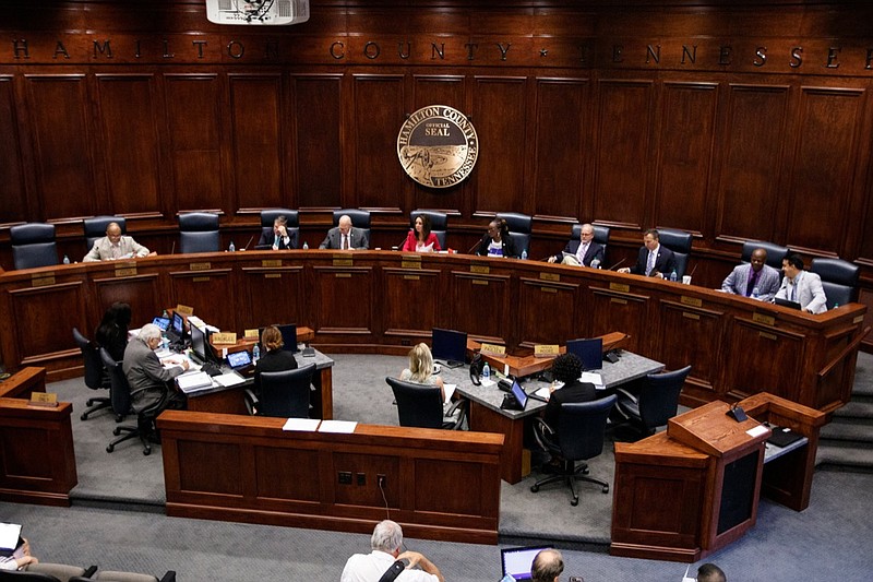 The Hamilton County Commission meets at the Hamilton County Courthouse on Wednesday, June 5, 2019, in Chattanooga, Tenn. Hamilton County Mayor Jim Coppinger's budget calls for a tax increase for additional funding for schools.