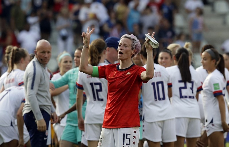 United States'Megan Rapinoe celebrates at the end of the Women's World Cup round of 16 soccer match between Spain and US at the Stade Auguste-Delaune in Reims, France, Monday, June 24, 2019. US beat Spain 2-1. (AP Photo/Alessandra Tarantino)