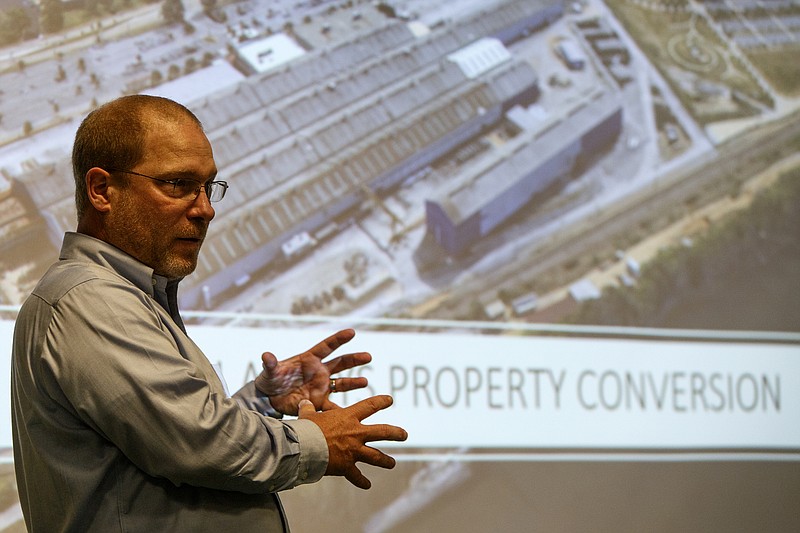 Hamilton County Parks and Recreation Director Tom Lamb speaks during a public meeting at Springhill Suites on Monday, June 24, 2019 in Chattanooga, Tenn. The meeting was held to discuss Hamilton County swapping land at the former Alstom site with new developers.