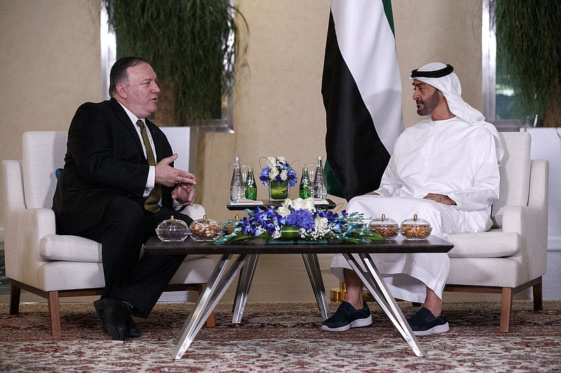 ADDS FULL NAME ND TITLE OF CROWN PRINCE -- Secretary of State Mike Pompeo, left, meets with Abu Dhabi Crown Prince Sheikh Mohammed bin Zayed Al Nahyan, Monday, June 24, 2019, in Abu Dhabi, United Arab Emirates. (AP Photo/Jacquelyn Martin, Pool)