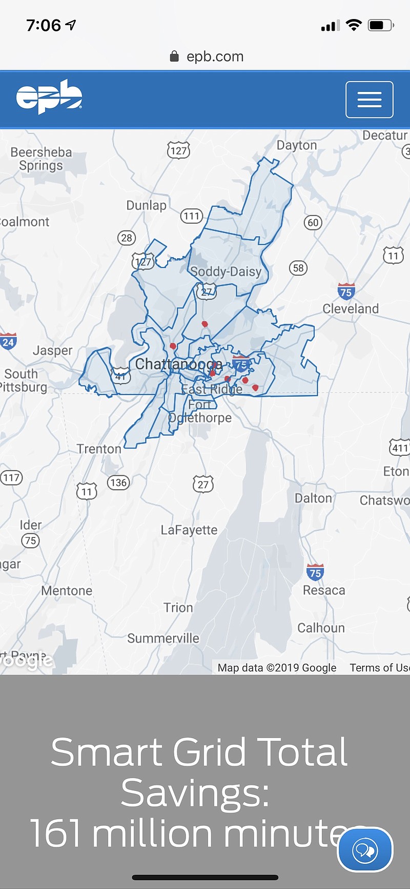 Screenshot of EPB outage map.