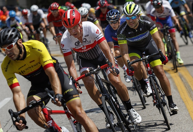 2017 -- Cyclists compete in the Men's Masters Criterium race of the River Gorge Omnium cycling competition on Saturday, Aug. 26, 2017, in Chattanooga, Tenn. The three-days of races began with time trials on Friday and criterium races on Saturday, and it concludes with road races on Sunday.