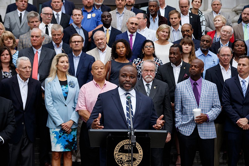 Hamilton County Schools Superintendent Dr. Bryan Johnson, surrounded by business, civic and philanthropic leaders, speaks in support of Hamilton County Mayor Jim Coppinger's fiscal year 2020 budget — and tax increase for schools — earlier this month.