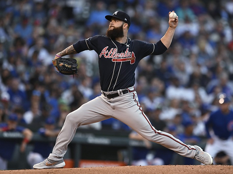Atlanta Braves starter Dallas Keuchel pitches during Wednesday night's game against the host Chicago Cubs.