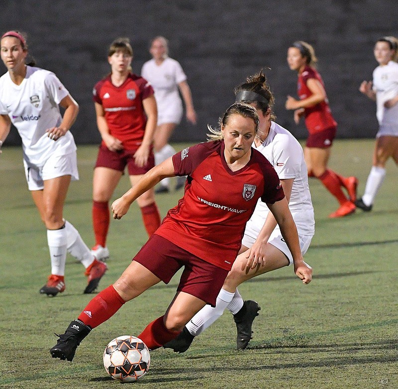 Former LSU standout Carlie Banks, foreground, has provided a major boost to the Chattanooga Lady Red Wolves in their inaugural season. The Lady Red Wolves are 8-1-1 and will host the first round of the WPSL Southeast Conference tournament at David Stanton Field on July 5. 