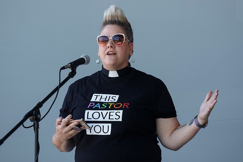 Rev. Anna Golladay speaks during the Chattanooga Area Chamber of Commerce's 2019 Pride Month Networking event at Miller Park on Friday, June 28, 2019, in Chattanooga, Tenn. The networking event to promote LGBTQ businesses and diversity coincided with the the 50th anniversary of the Stonewall Uprising, which began the modern gay rights movement.