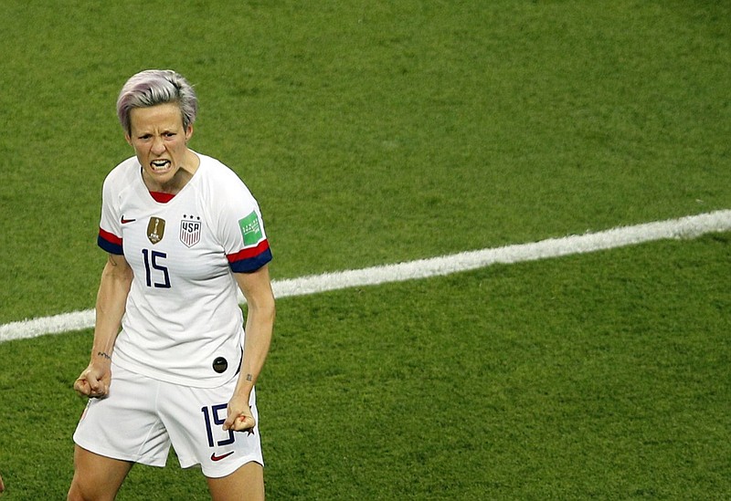 United States co-captain Megan Rapinoe celebrates after scoring for the second time in her team's 2-1 win against France in a Women's World Cup quarterfinal Friday in Paris.