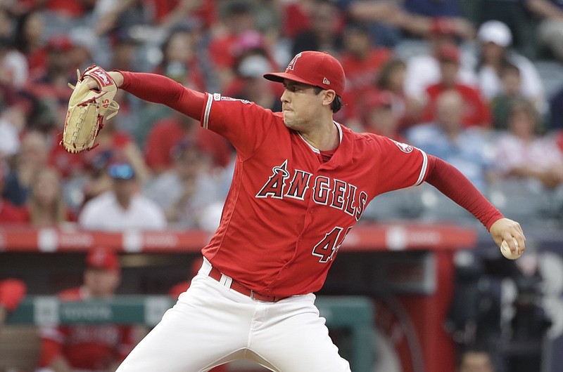 Los Angeles Angels starting pitcher Tyler Skaggs throws to the Oakland Athletics during the first inning of a baseball game Saturday, June 29, 2019, in Anaheim, Calif. (AP Photo/Marcio Jose Sanchez)