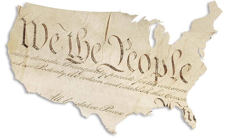  illustration of map of United States with opening words of the U.S. Constitution superimposed. (Baltimore Sun 2010)