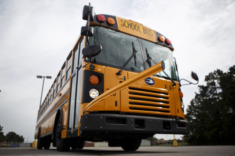 The Crossing Arm is seen on a new school bus at the Hamilton County Department of Education on Wednesday, July 3, 2019 in Chattanooga, Tenn. First Student Inc. is providing the county with 185 new state-of-the-art buses which include GPS tracking systems, digital cameras, air conditioning and other features.