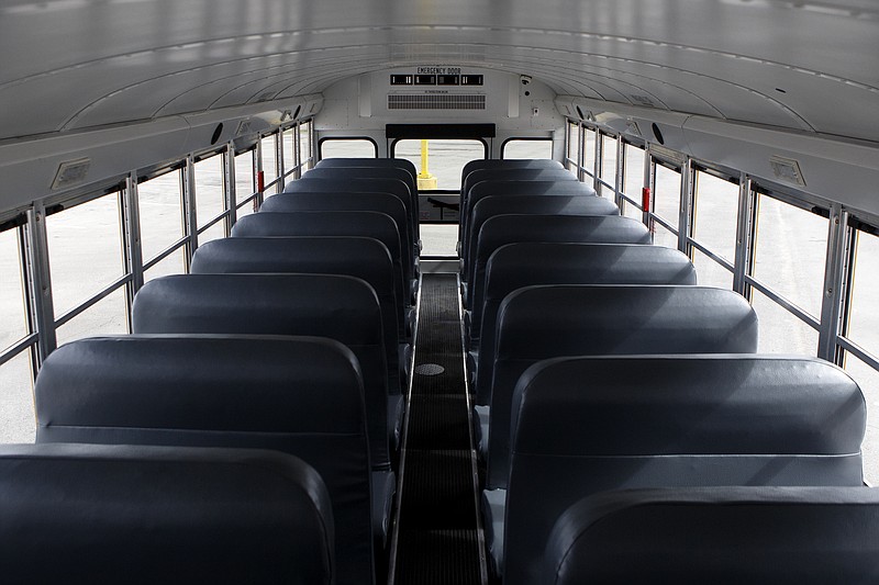 The interior of a new school bus provided by First Student Inc. is seen at the Hamilton County Department of Education on Wednesday, July 3, 2019 in Chattanooga, Tenn. First Student Inc. is providing the county with 185 new state-of-the-art buses which include GPS tracking systems, digital cameras, air conditioning and other features.