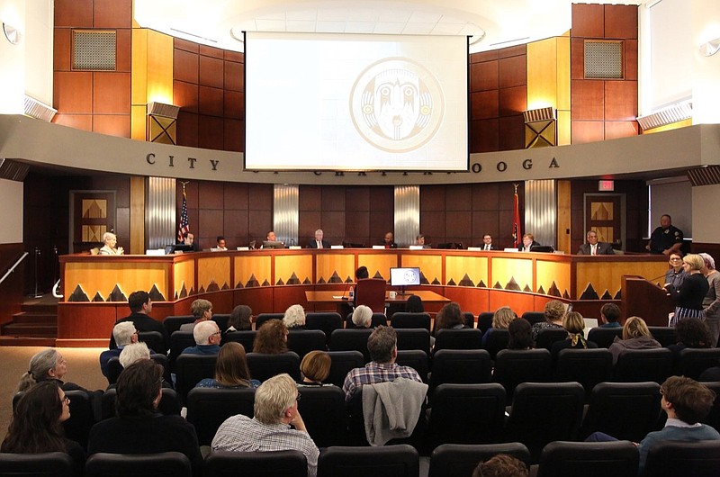 Chattanooga City Council members listen to Gail Goldman, principal of Gail M. Goldman Associates, Barbara Goldstein, principal of Barbara Goldstein & Associates, and Katelyn Kirnie, director of Public Art for the City of Chattanooga, address questions about public art across Chattanooga in the City Council Assembly Room Tuesday, Feb. 12, 2019,  in Chattanooga.