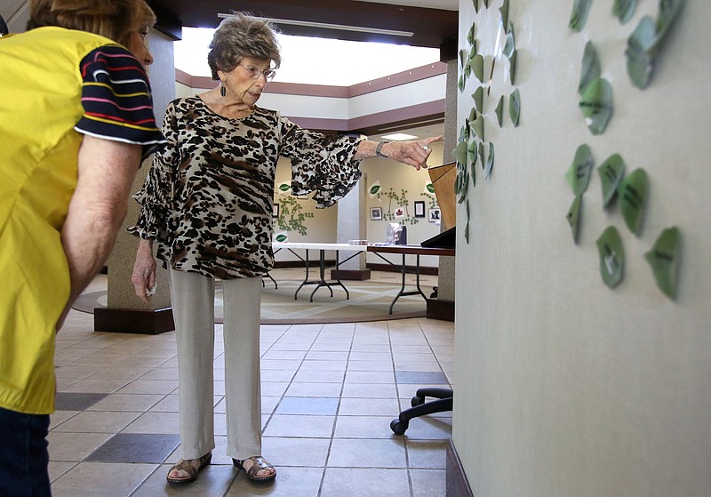 Louise Effron Spector, a member of the archives committee, points out members of her family on leaves of a family tree at the Jewish Federation of Greater Chattanooga Tuesday, July 2, 2019 in Chattanooga, Tennessee. Several families in the Jewish Federation have family lines that intersect.