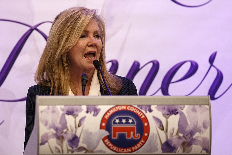 Staff photo by C.B. Schmelter / U.S. Sen. Marsha Blackburn speaks during the Hamilton County Republican Party's annual Lincoln Day Dinner at the Westin Hotel on Friday, April 26, 2019 in Chattanooga.