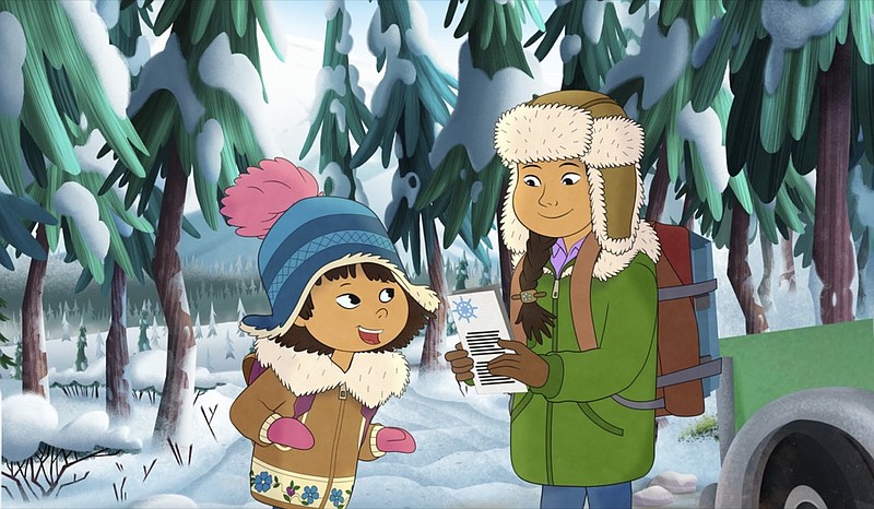 This image released by PBS shows characters Molly, voiced by Sovereign Bill, left, and her mother, voiced by Jules Koostachin in a scene from the animated series "Molly of Denali." The animated show, which highlights the adventures of a 10-year-old Athabascan girl, Molly Mabray, premieres July 15 on PBS Kids. (PBS via AP)