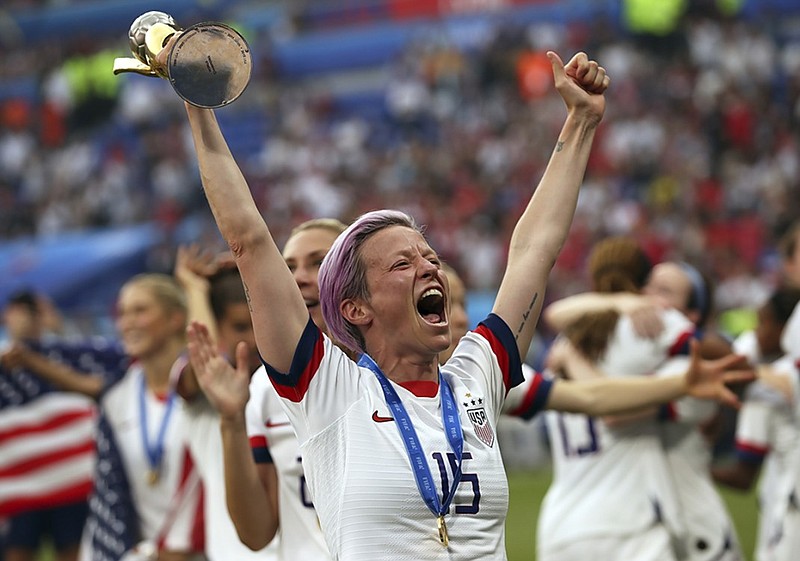 American soccer star Megan Rapinoe celebrates after the United States beat the Netherlands 2-0 in the Women's World Cup final Sunday in Lyon, France.