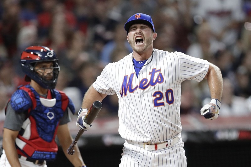 Pete Alonso, of the New York Mets, reacts during the Major League Baseball Home Run Derby, Monday, July 8, 2019, in Cleveland. The MLB baseball All-Star Game will be played Tuesday. (AP Photo/Tony Dejak)