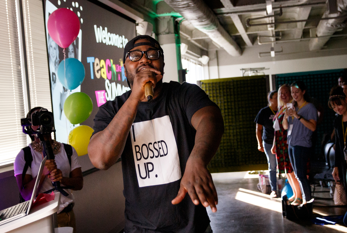 Eddie Jaymes opens Teach Like A Boss with a rap at The Edney Building on Tuesday, July 9, 2019, in Chattanooga, Tenn. The workshop for elementary school teachers featured a keynote speech from teacher Dwayne Reed, whose YouTube video "Welcome to the 4th Grade" became a viral sensation.