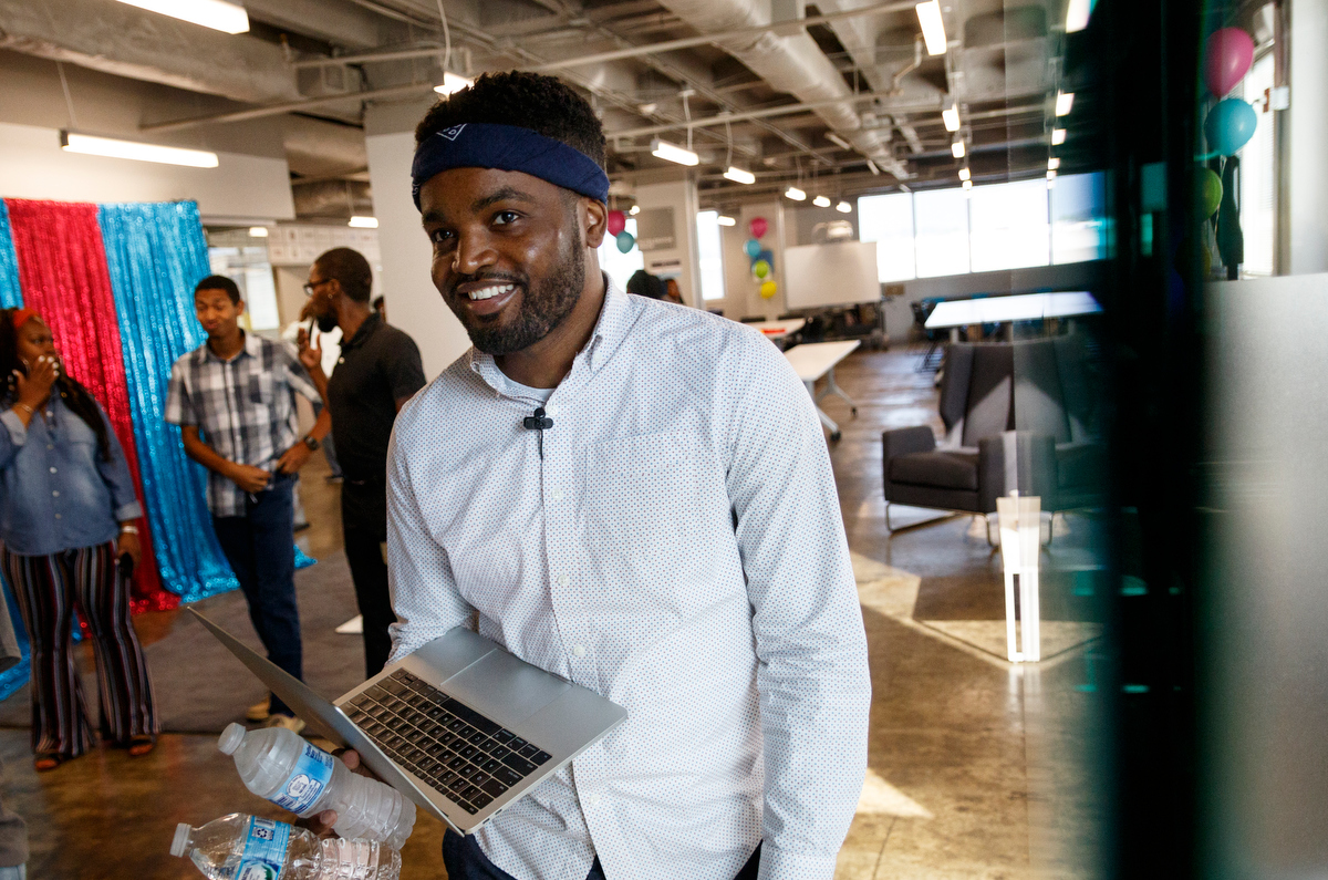 Dwayne Reed prepares to speak during Teach Like A Boss at The Edney Building on Tuesday, July 9, 2019, in Chattanooga, Tenn. Reed, whose YouTube video "Welcome to the 4th Grade" became a viral sensation, spoke about the importance of student engagement.