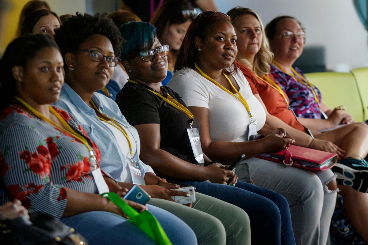 Educators listen as Dwayne Reed speaks during Teach Like A Boss at The Edney Building on Tuesday, July 9, 2019, in Chattanooga, Tenn. Reed, whose YouTube video "Welcome to the 4th Grade" became a viral sensation, spoke about the importance of student engagement.