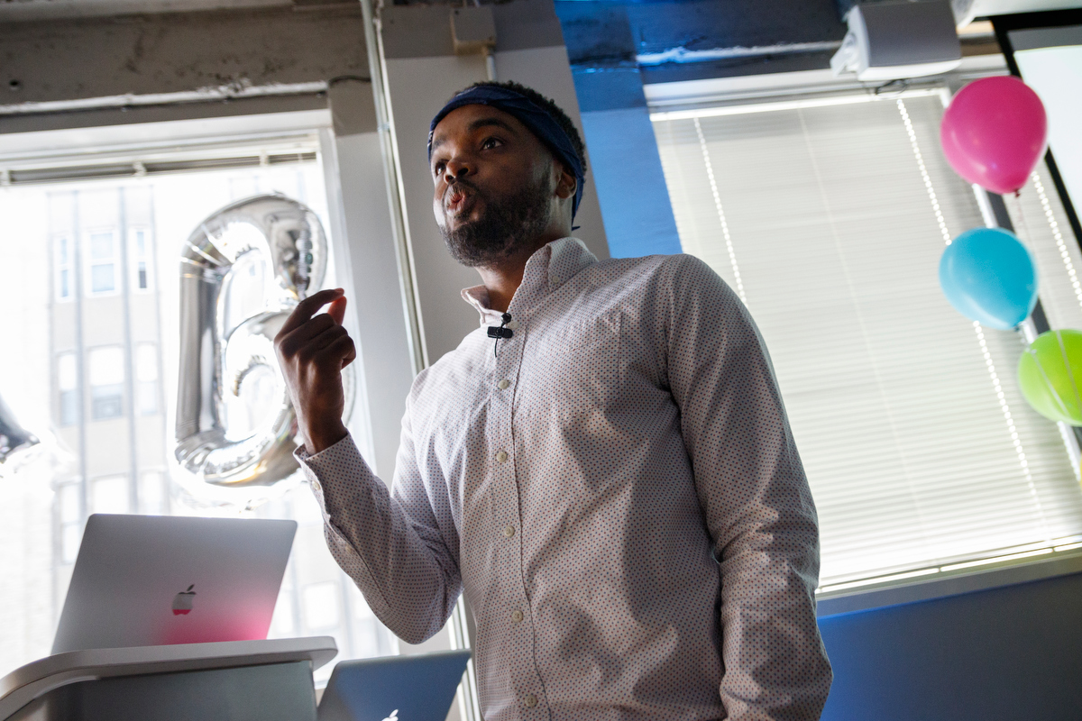 Dwayne Reed speaks during Teach Like A Boss at The Edney Building on Tuesday, July 9, 2019, in Chattanooga, Tenn. Reed, whose YouTube video "Welcome to the 4th Grade" became a viral sensation, spoke about the importance of student engagement.