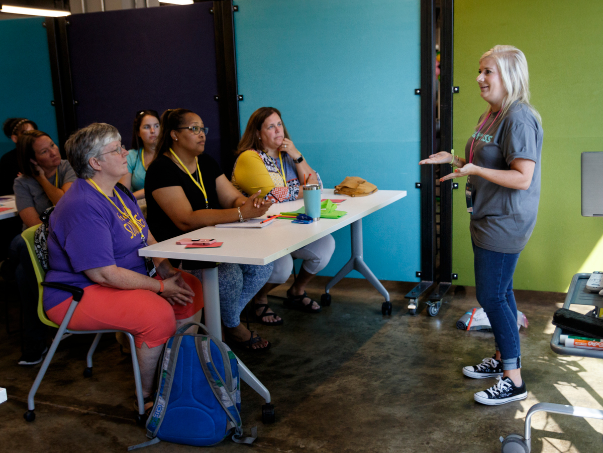 Chelsie Durham, right, leads a workshop during Teach Like A Boss at The Edney Building on Tuesday, July 9, 2019, in Chattanooga, Tenn. The workshop for elementary school teachers featured a keynote speech from teacher Dwayne Reed, whose YouTube video "Welcome to the 4th Grade" became a viral sensation.